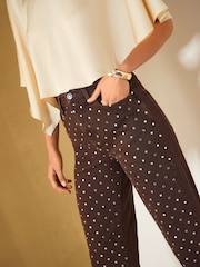 Friends Like These Chocolate Brown Mirror Embellished Everyday Wide Leg Jeans - Image 5 of 6
