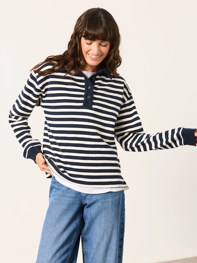 FatFace Navy Stripe Quarter Neck Collared Sweat Top - Image 1 of 6