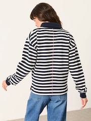 FatFace Navy Stripe Quarter Neck Collared Sweat Top - Image 2 of 6