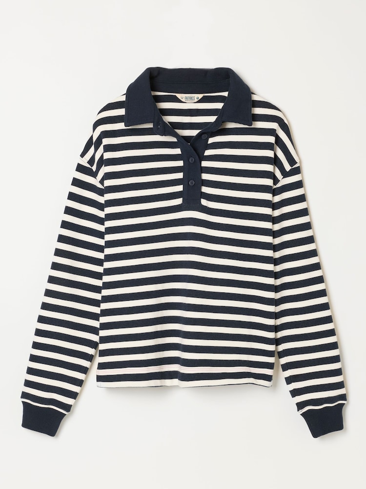 FatFace Navy Stripe Quarter Neck Collared Sweat Top - Image 6 of 6