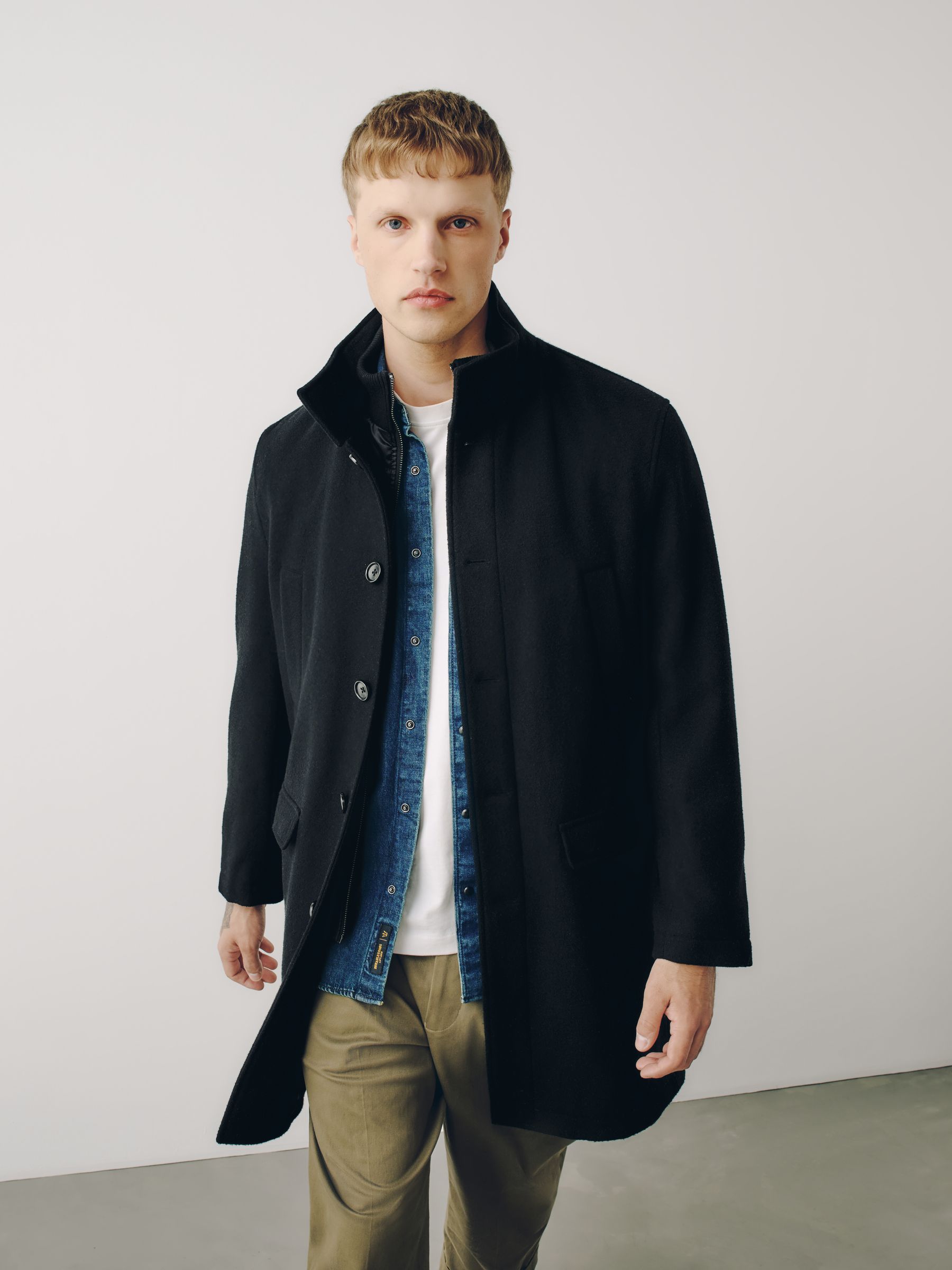 Buy Black Wool Blend Mock Gilet Herringbone Padded Coat from the