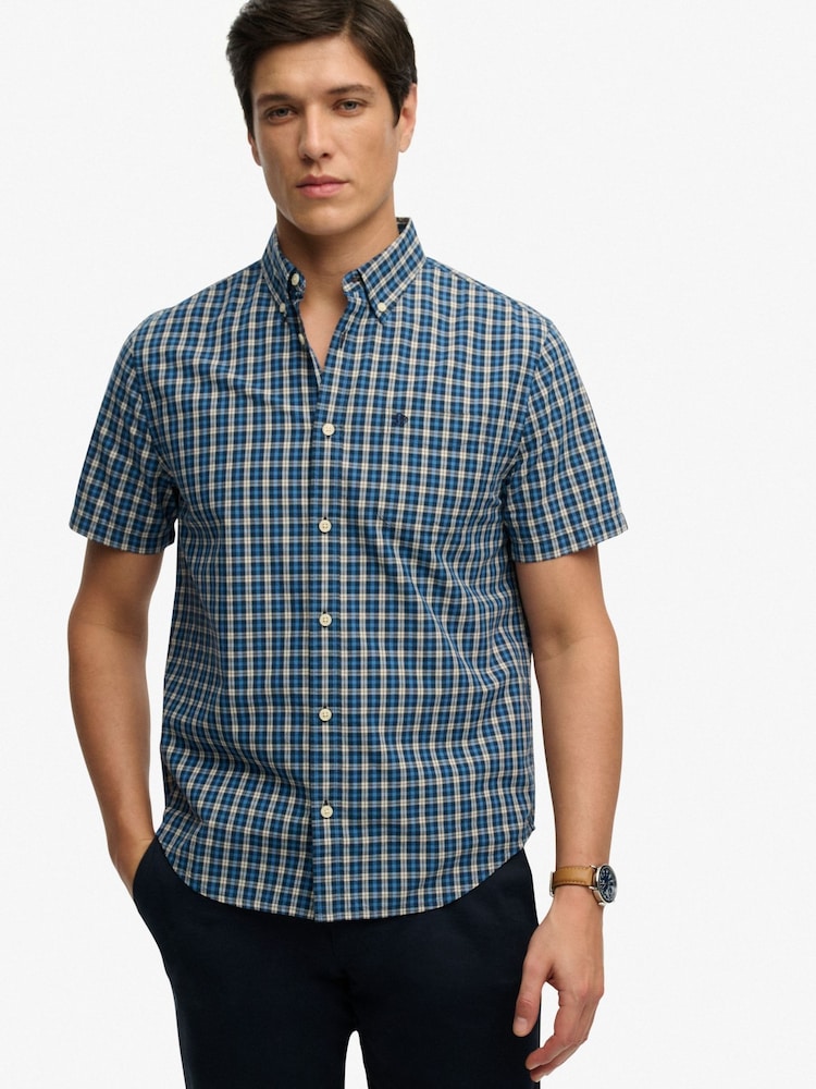 Superdry Quays Navy Blue Check Preppy Poplin Short Sleeve Shirt - Image 1 of 6