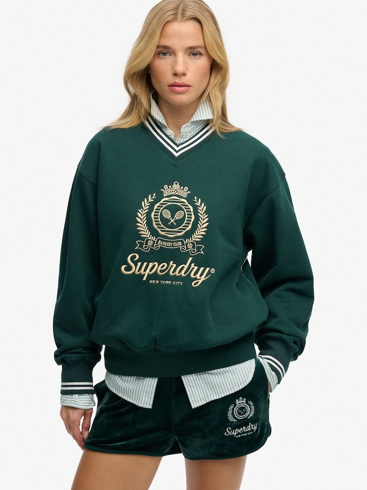 Superdry Green Country Club Loose V-Neck Sweatshirt - Image 1 of 5 Superdry Green Country Club Loose V-Neck Sweatshirt - Image 1 of 5
