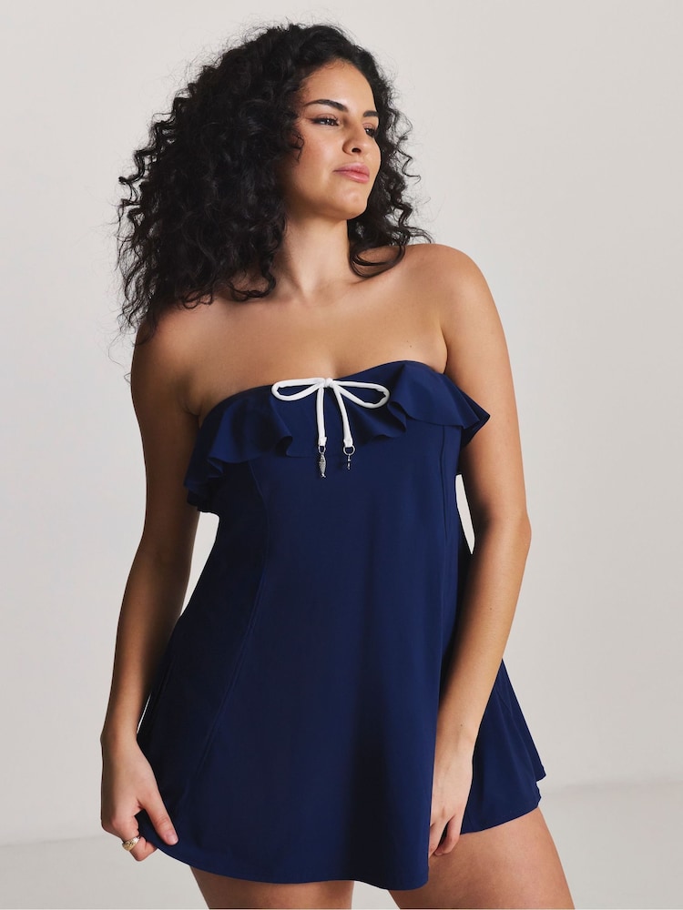 Simply Be Blue Ruffle Bandeau Swimdress - Image 1 of 4