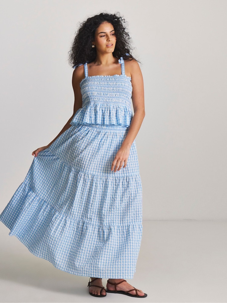 Simply Be Blue Gingham Beach Top and Skirt Co-ord Set - Image 1 of 4