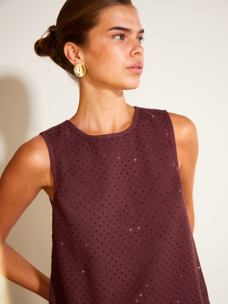 Friends Like These Burgundy Red Premium Embellished Denim Shell Top - Image 2 of 6