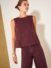 Friends Like These Burgundy Red Premium Embellished Denim Shell Top - Image 5 of 6