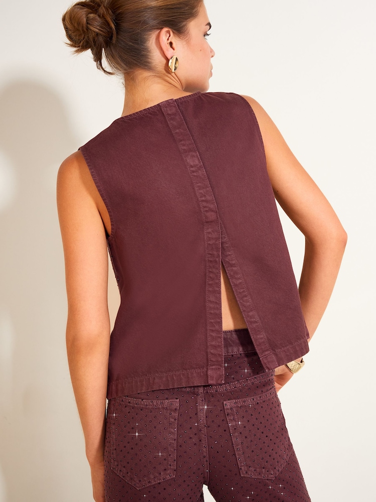 Friends Like These Burgundy Red Premium Embellished Denim Shell Top - Image 6 of 6
