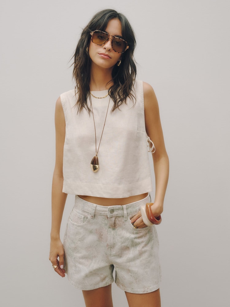 Floral Print High Rise A-Line Denim Shorts - Image 1 of 5 Floral Print High Rise A-Line Denim Shorts - Image 1 of 5