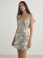 Ecru Tapestry Floral Square Neck Denim Mini Dress - Image 1 of 4