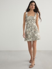 Ecru Tapestry Floral Square Neck Denim Mini Dress - Image 2 of 4