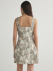 Ecru Tapestry Floral Square Neck Denim Mini Dress - Image 3 of 4