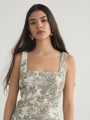 Ecru Tapestry Floral Square Neck Denim Mini Dress - Image 4 of 4