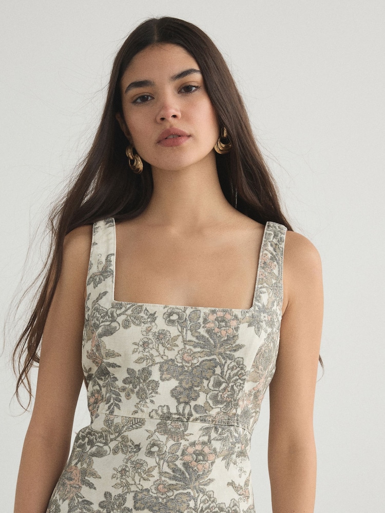 Ecru Tapestry Floral Square Neck Denim Mini Dress - Image 4 of 4 Ecru Tapestry Floral Square Neck Denim Mini Dress - Image 4 of 4