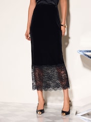 Friends Like These Black Velvet Lace Hem Midi Skirt - Image 1 of 5