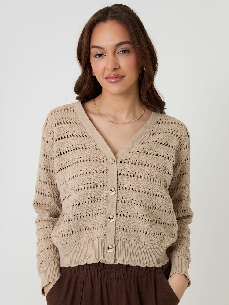Threadbare Natural Pointelle Knit V-Neck Cardigan - Image 1 of 4