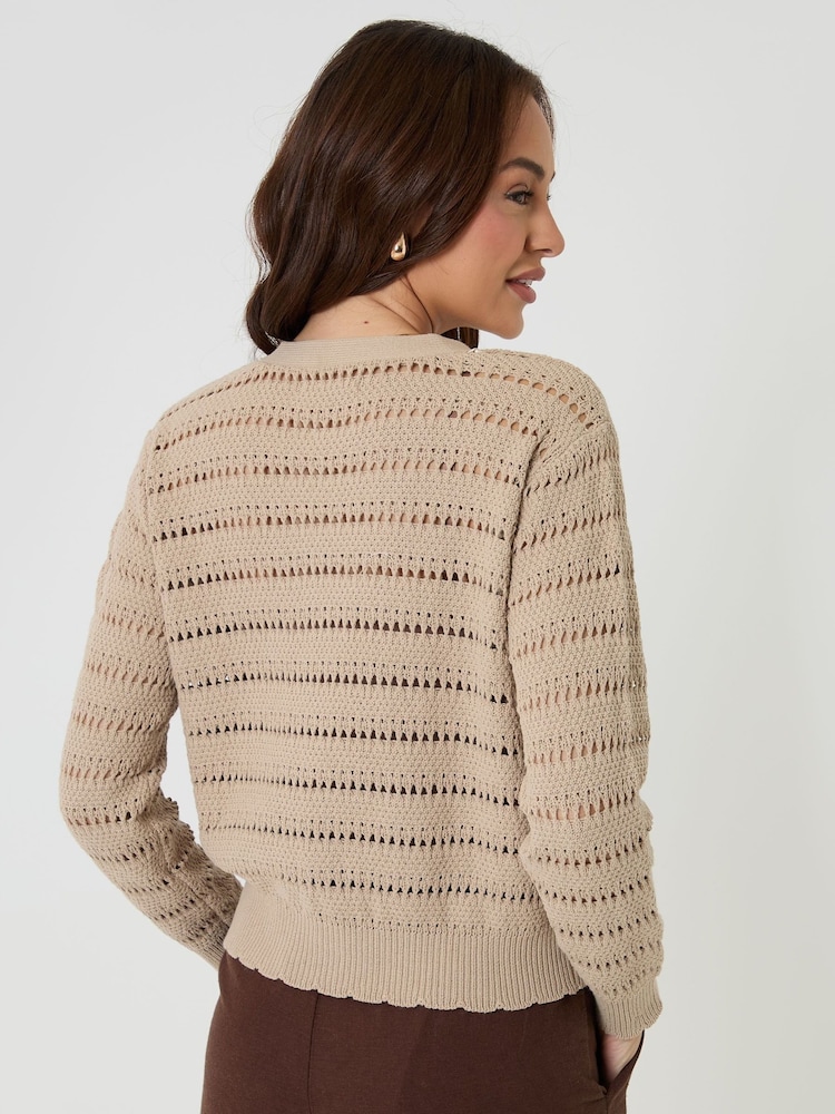 Threadbare Natural Pointelle Knit V-Neck Cardigan - Image 2 of 4