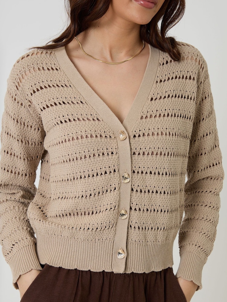 Threadbare Natural Pointelle Knit V-Neck Cardigan - Image 4 of 4