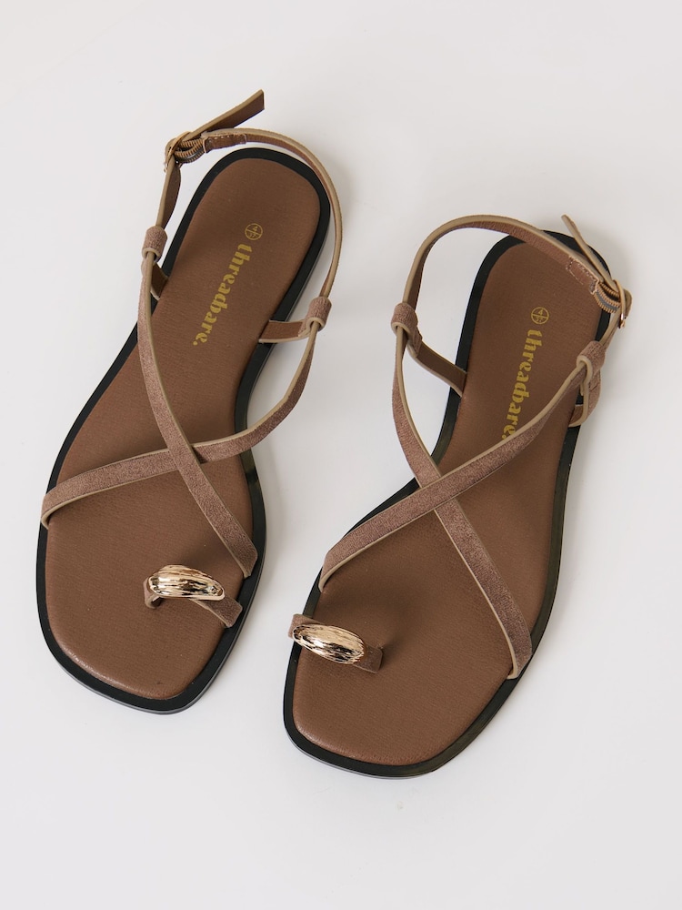 Threadbare Brown Cross Strap Toe Loop Sandals - Image 2 of 6 Threadbare Brown Cross Strap Toe Loop Sandals - Image 2 of 6