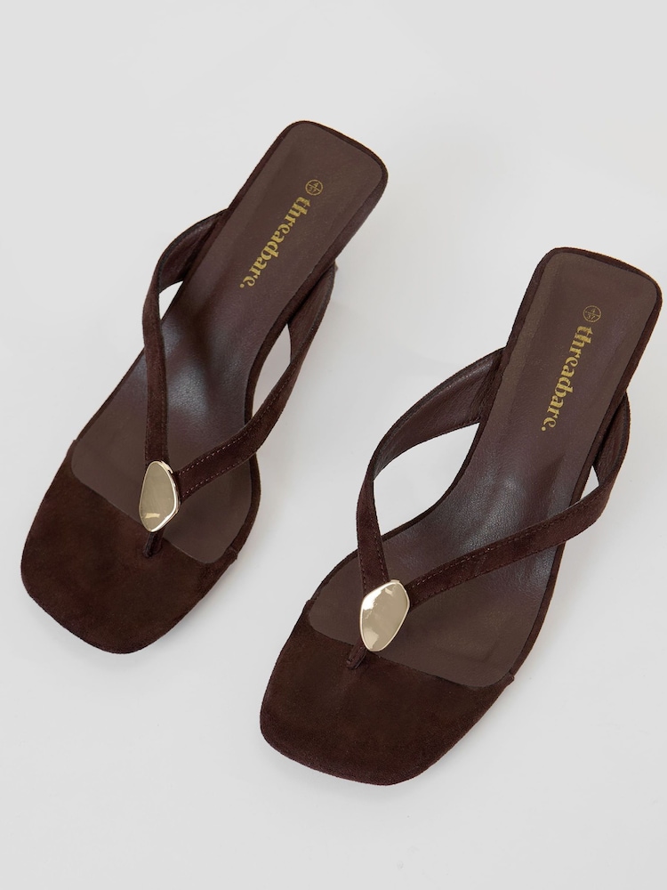 Threadbare Brown Toe Post Kitten Heel Sandals - Image 1 of 4