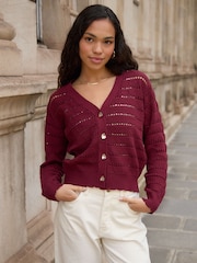 Threadbare Red Pointelle Knit V-Neck Cardigan - Image 1 of 5