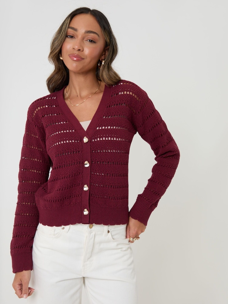 Threadbare Red Pointelle Knit V-Neck Cardigan - Image 2 of 5