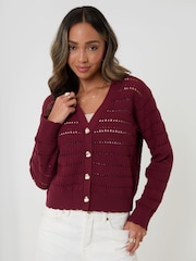 Threadbare Red Pointelle Knit V-Neck Cardigan - Image 3 of 5