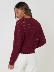 Threadbare Red Pointelle Knit V-Neck Cardigan - Image 4 of 5