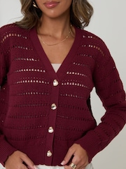 Threadbare Red Pointelle Knit V-Neck Cardigan - Image 5 of 5