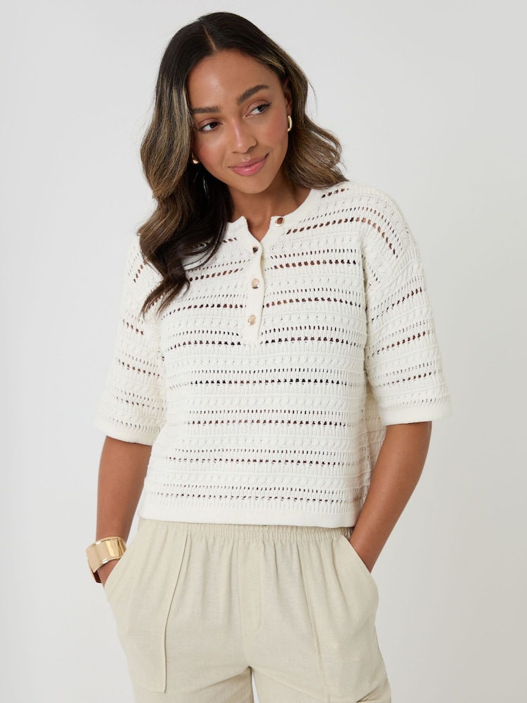 Threadbare Yellow Pointelle Knit Short Sleeve Henley Jumper - Image 1 of 4 Threadbare Yellow Pointelle Knit Short Sleeve Henley Jumper - Image 1 of 4