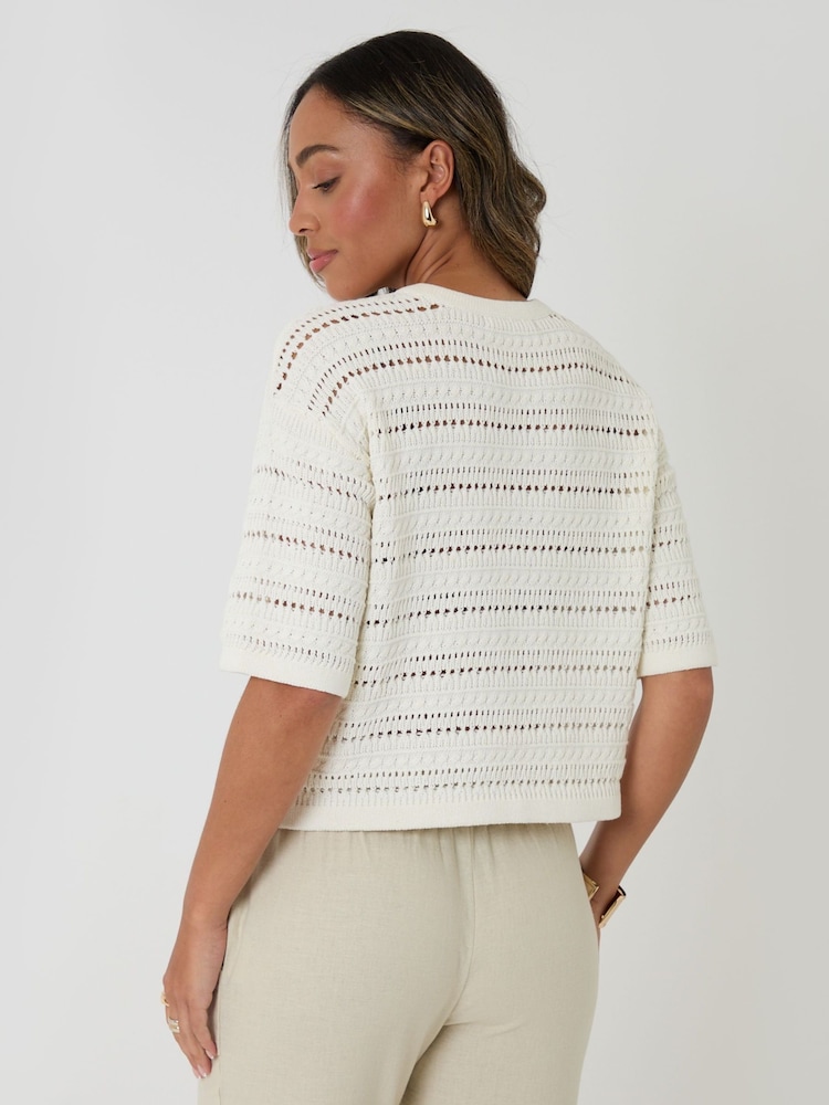 Threadbare Yellow Pointelle Knit Short Sleeve Henley Jumper - Image 2 of 4 Threadbare Yellow Pointelle Knit Short Sleeve Henley Jumper - Image 2 of 4