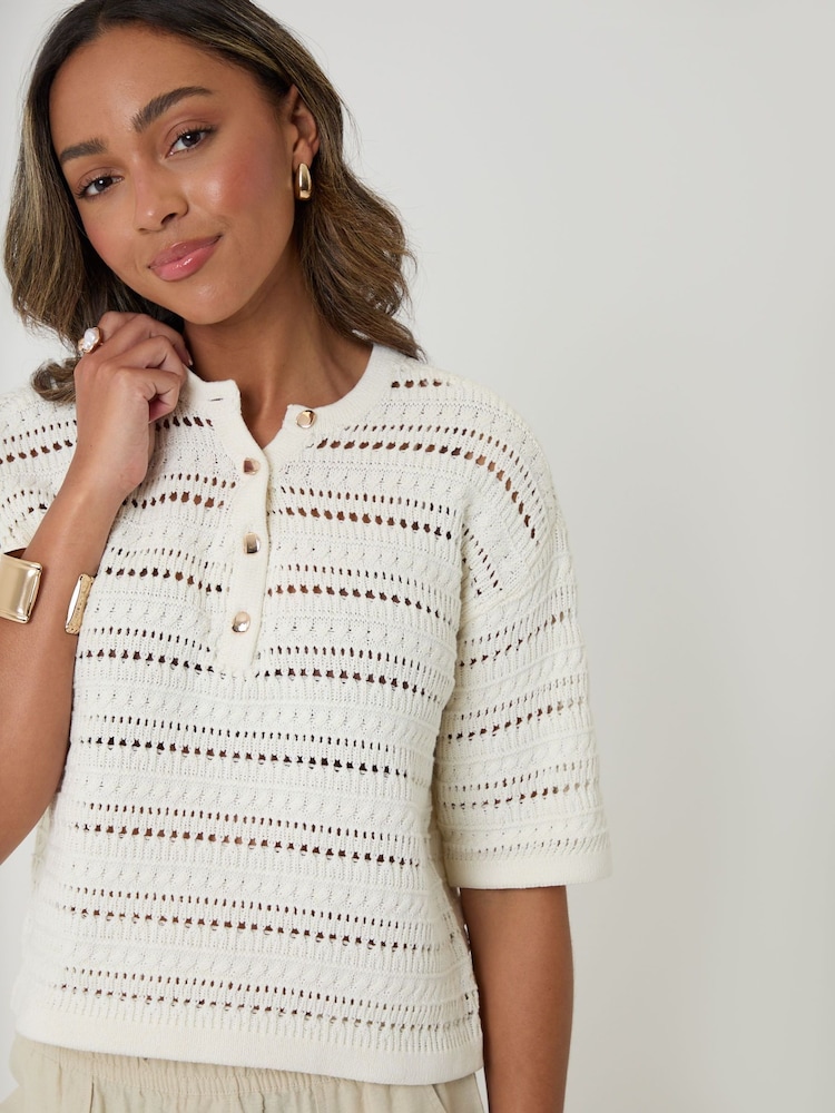 Threadbare Yellow Pointelle Knit Short Sleeve Henley Jumper - Image 4 of 4 Threadbare Yellow Pointelle Knit Short Sleeve Henley Jumper - Image 4 of 4