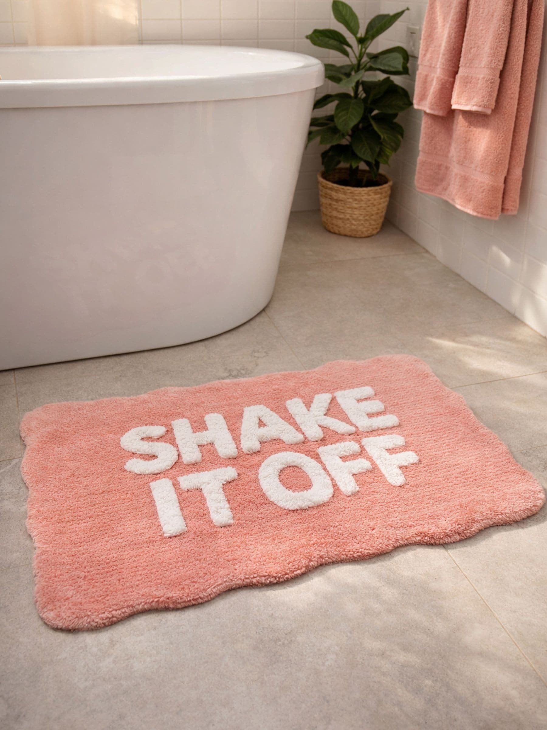 Mooky Mats Unisex Pink White Shake It Off Slogan Bath Mat