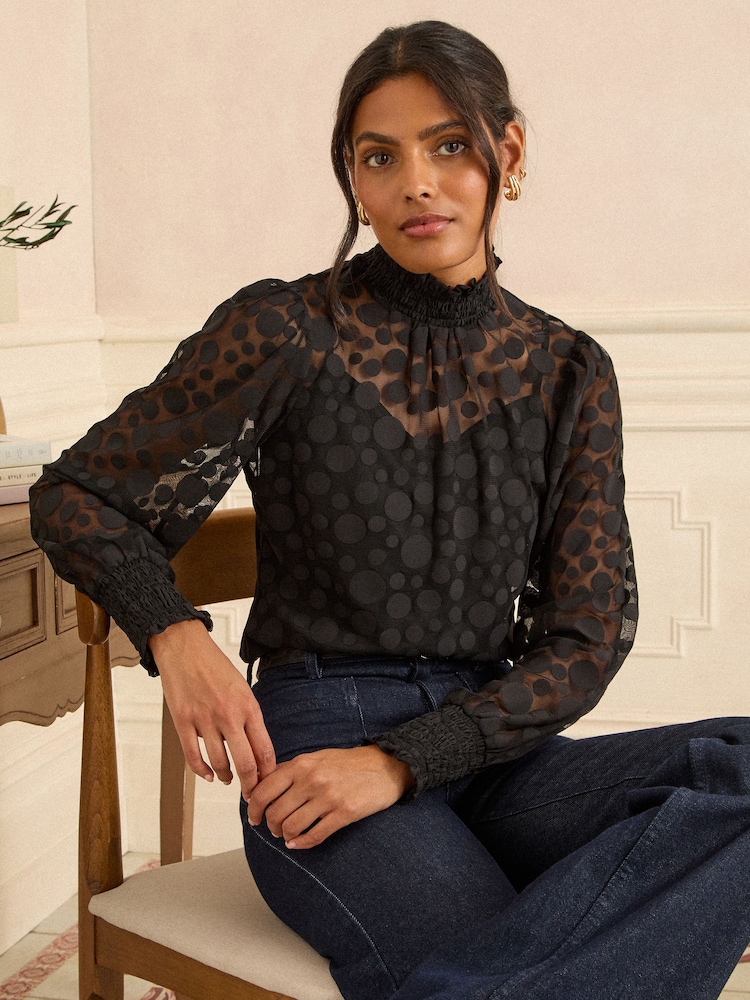 Love & Roses Black Spot Mesh High Neck Long Sleeve Jersey Top - Image 1 of 4