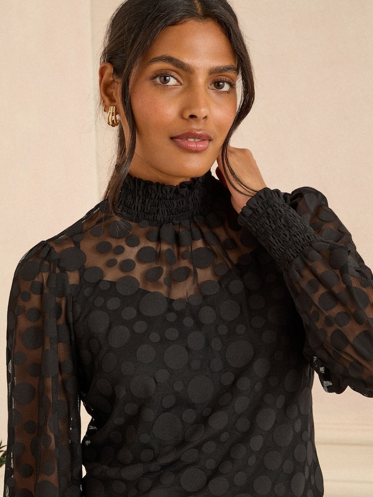 Love & Roses Black Spot Mesh High Neck Long Sleeve Jersey Top - Image 2 of 4
