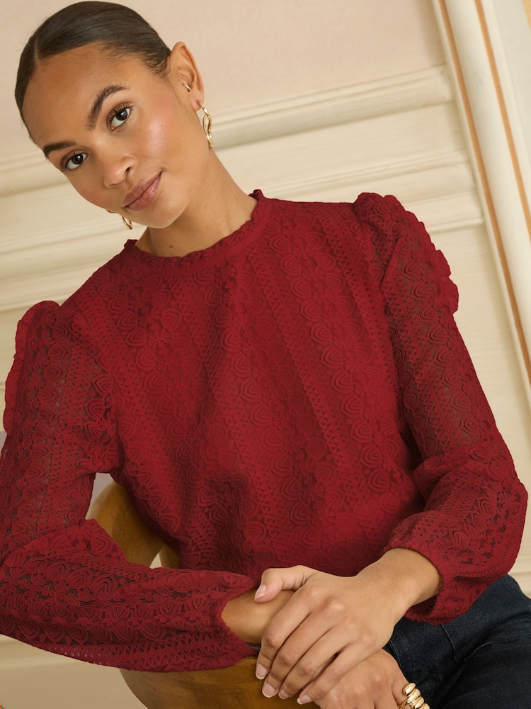 Love & Roses Red Long Sleeve Lace Top - Image 1 of 4 Love & Roses Red Long Sleeve Lace Top - Image 1 of 4