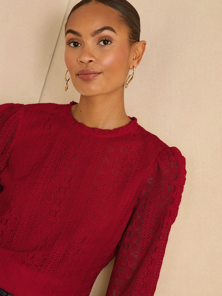 Love & Roses Red Long Sleeve Lace Top - Image 2 of 4 Love & Roses Red Long Sleeve Lace Top - Image 2 of 4