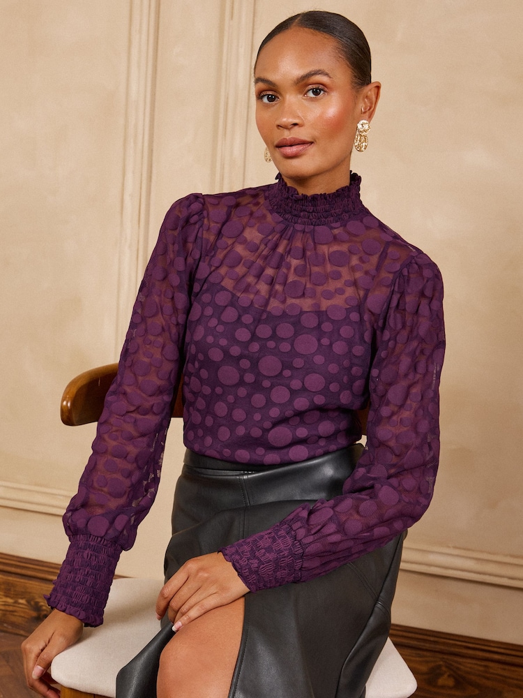Love & Roses Purple Spot Mesh High Neck Long Sleeve Jersey Top - Image 1 of 6