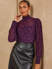 Love & Roses Purple Spot Mesh High Neck Long Sleeve Jersey Top - Image 4 of 6