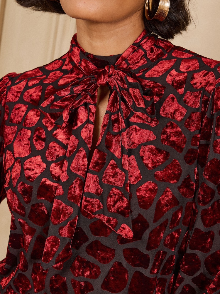 Love & Roses Red Animal Burnout Tie Neck Jersey Blouse - Image 2 of 4