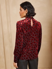Love & Roses Red Animal Burnout Tie Neck Jersey Blouse - Image 4 of 4