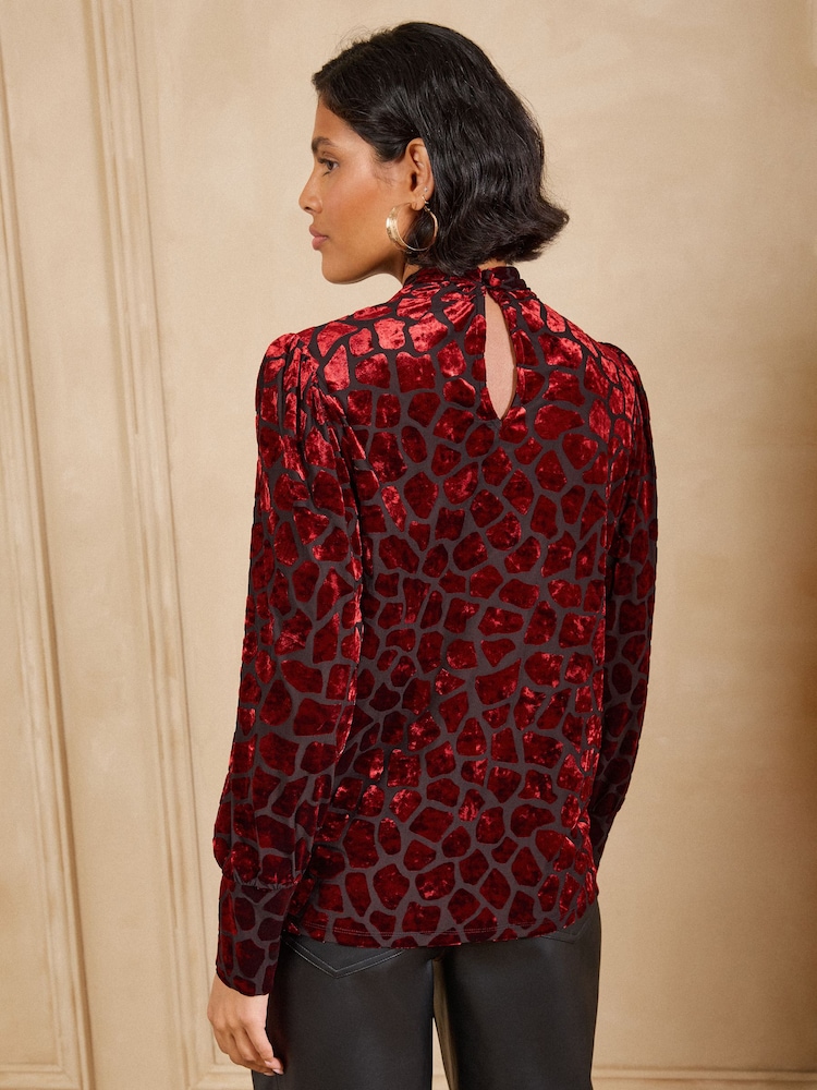 Love & Roses Red Animal Burnout Tie Neck Jersey Blouse - Image 4 of 4
