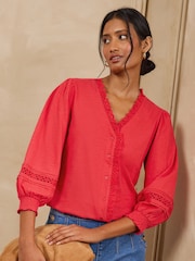 Love & Roses Red 3/4 Sleeve Broderie Trim Jersey Blouse - Image 1 of 4