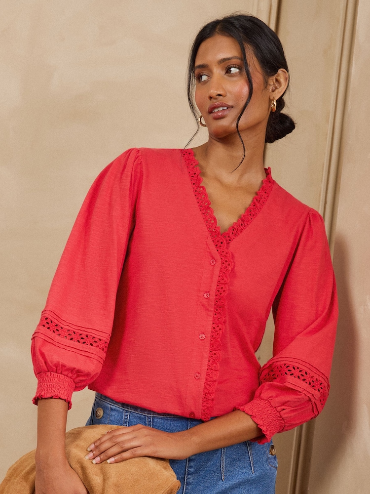 Love & Roses Red 3/4 Sleeve Broderie Trim Jersey Blouse - Image 1 of 4