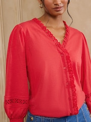 Love & Roses Red 3/4 Sleeve Broderie Trim Jersey Blouse - Image 2 of 4