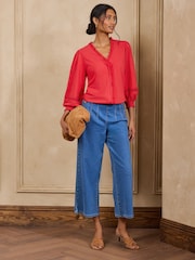 Love & Roses Red 3/4 Sleeve Broderie Trim Jersey Blouse - Image 3 of 4