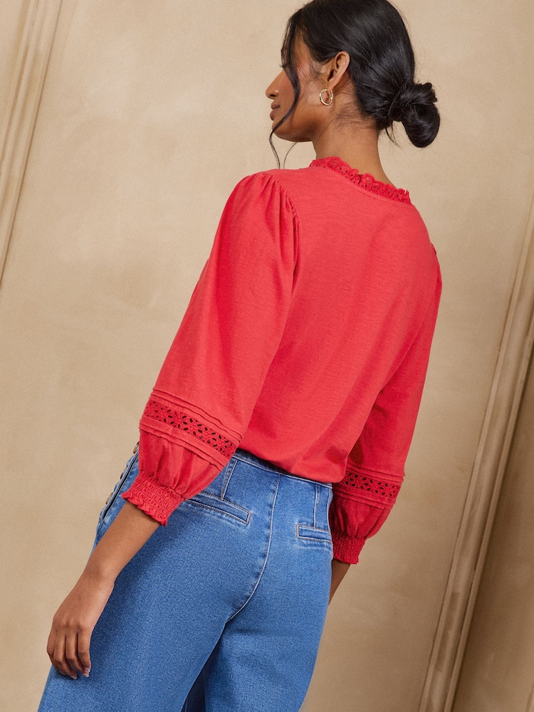 Love & Roses Red 3/4 Sleeve Broderie Trim Jersey Blouse - Image 4 of 4