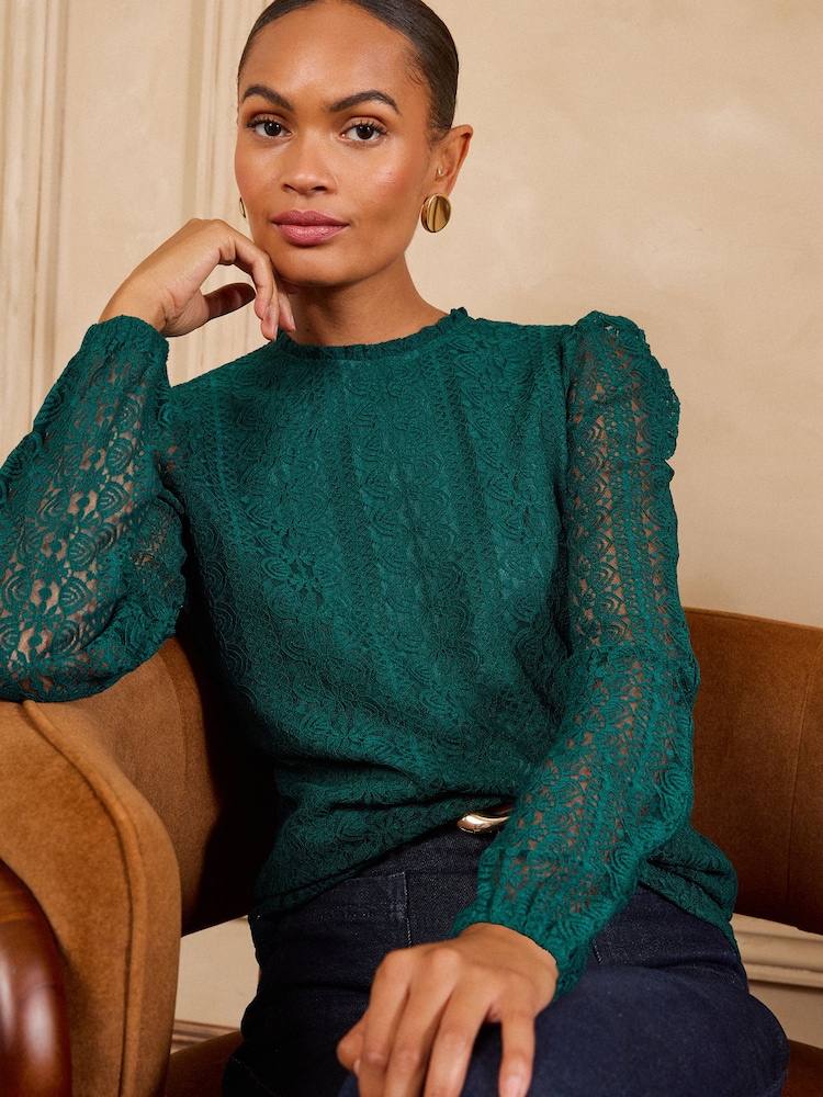Love & Roses Teal Blue Long Sleeve Lace Top - Image 1 of 6 Love & Roses Teal Blue Long Sleeve Lace Top - Image 1 of 6