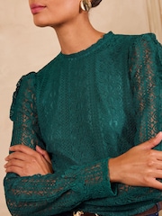 Love & Roses Teal Blue Long Sleeve Lace Top - Image 2 of 6