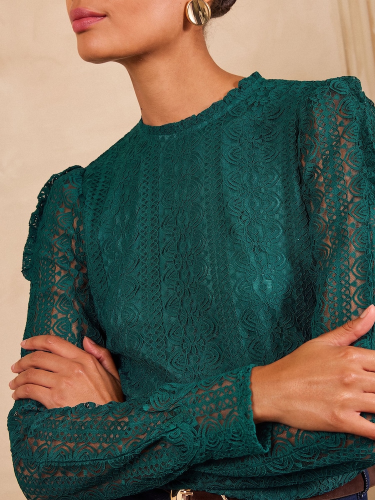 Love & Roses Teal Blue Long Sleeve Lace Top - Image 2 of 6 Love & Roses Teal Blue Long Sleeve Lace Top - Image 2 of 6